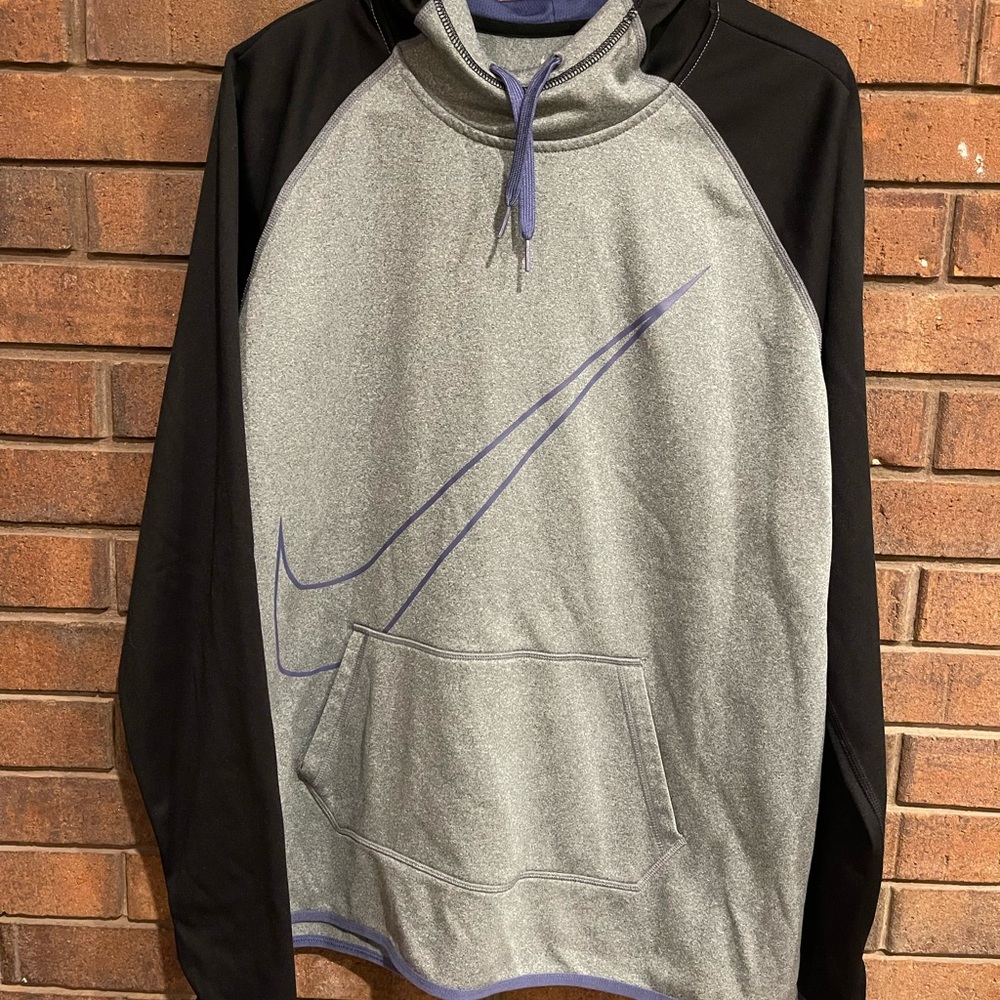 Nike Black and Gray Hoodie with Blue Swoosh XL therma-fit